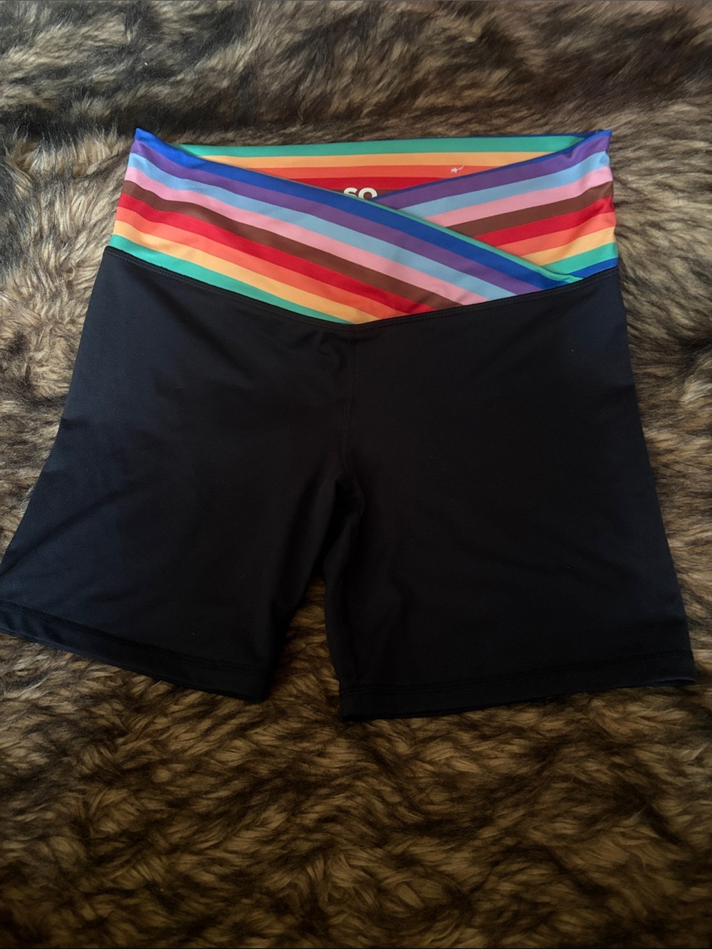 SO The Sporty Pant Black Bike Shorts with Rainbow Striped Crossover Waistband L